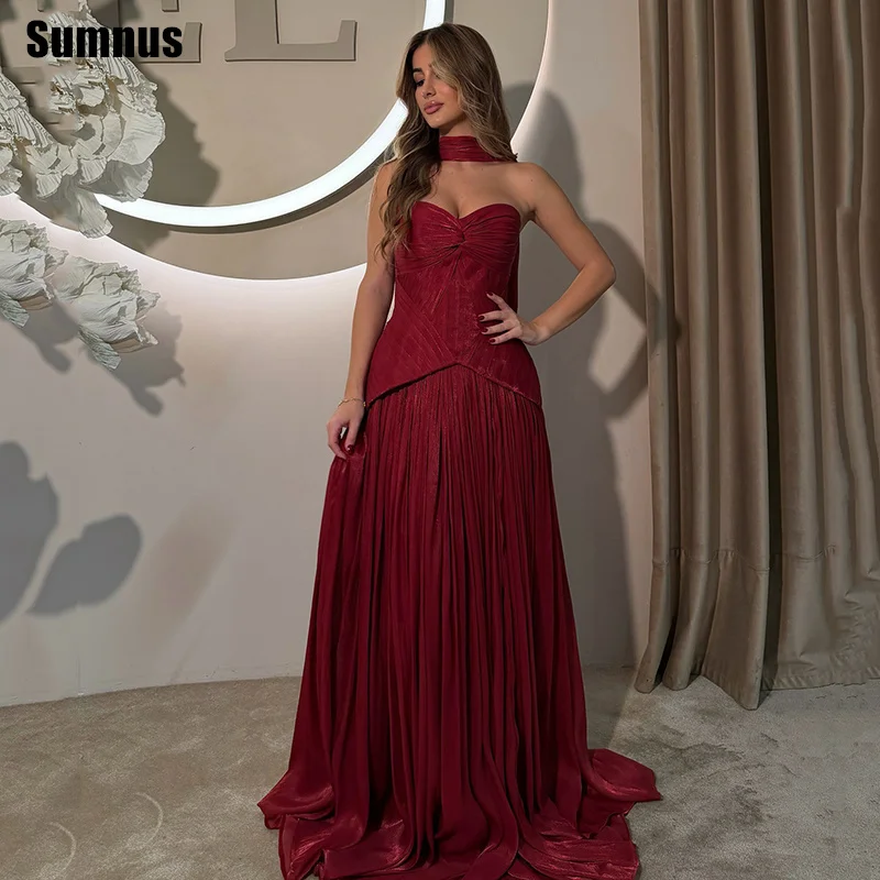 

Sumnus Modern A-Line Burgundy Prom Dress Sweetheart Sleeveless Pleats Party Dresses Draped Evening Dress Gala Customized