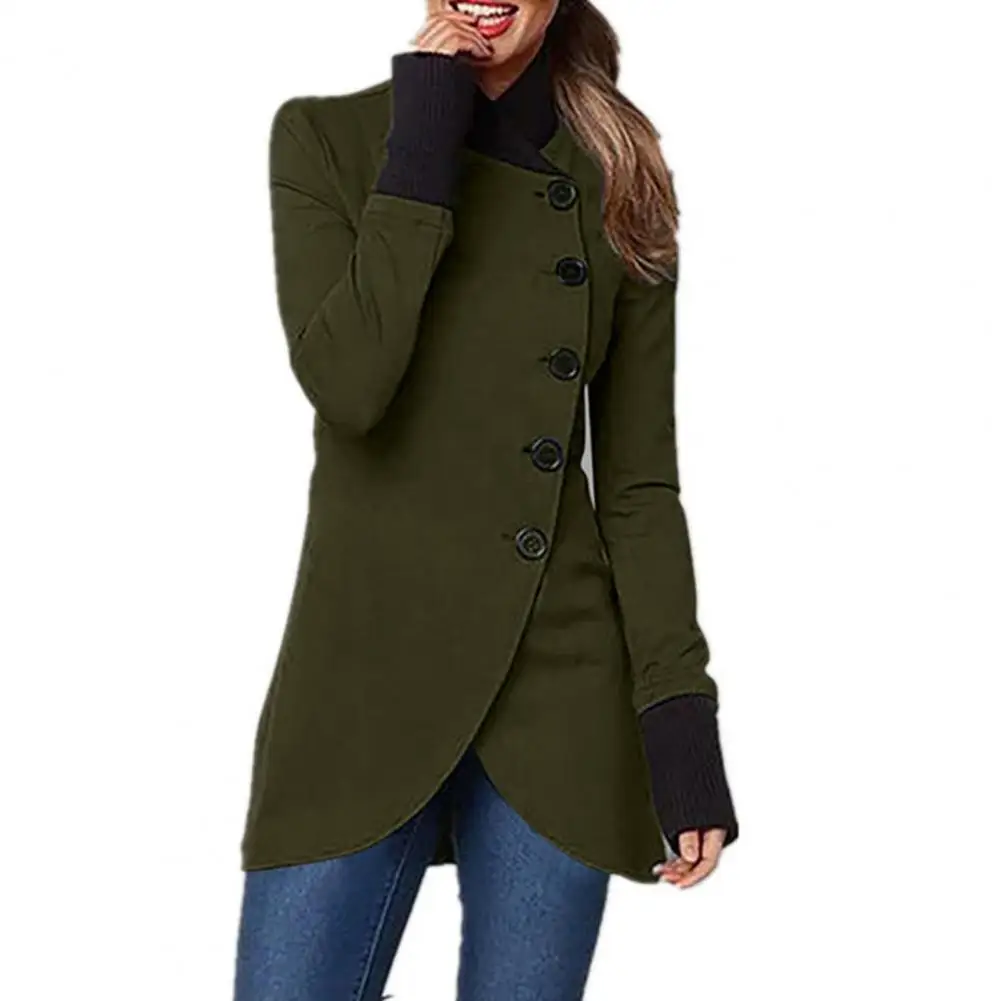 

Women Autumn Winter Jacket Irregular Split Hem Stand Collar Soft Long Sleeve Solid Color Thick Warm Mid Length Women Coat