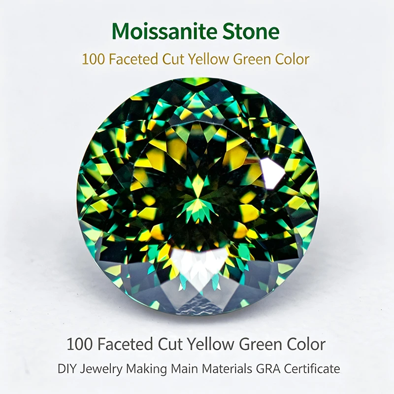 Pedra de Moissanita 100 Facetada, Cor Amarelo-Verde, Pedras Preciosas para Colares e Brincos DIY, Materiais Principais com Certificado