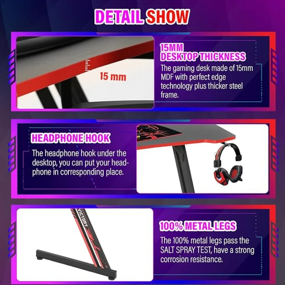 Modern Z-Shaped Gaming Desk Computer Desk for Home Office with Headphone Hook - Sturdy Workstation Table with Spacious Desktop