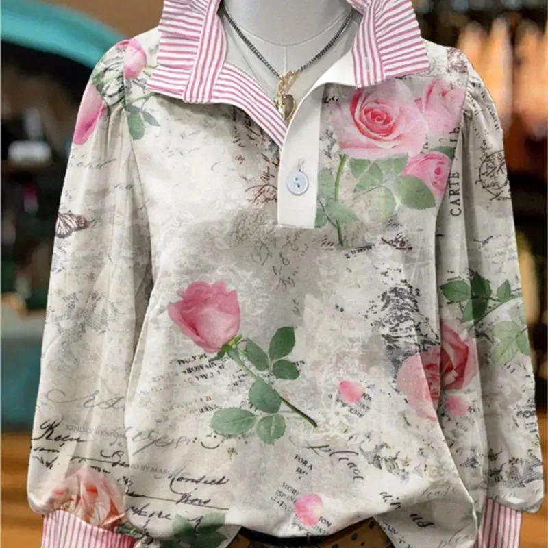 Women's striped fashionable shirt with multi-color striped collar and half button shirt pattern, Letter printed top