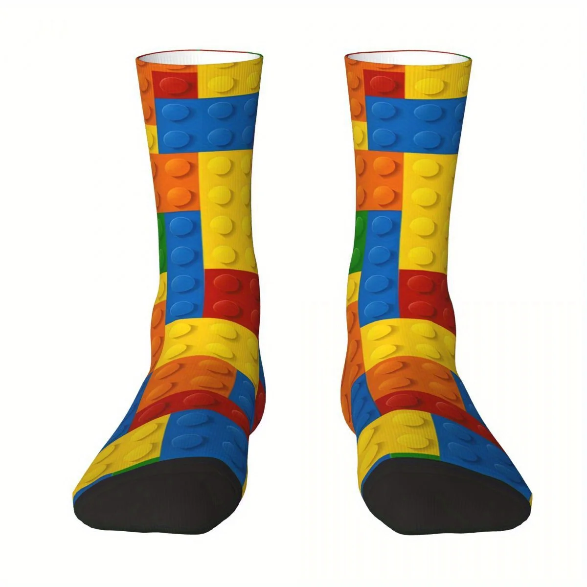 Colorful Building Blocks Print Crew Socks Unisex Men Women Novelty Brick Pattern Mid Calf Socks Fashion Streetwear Breathable