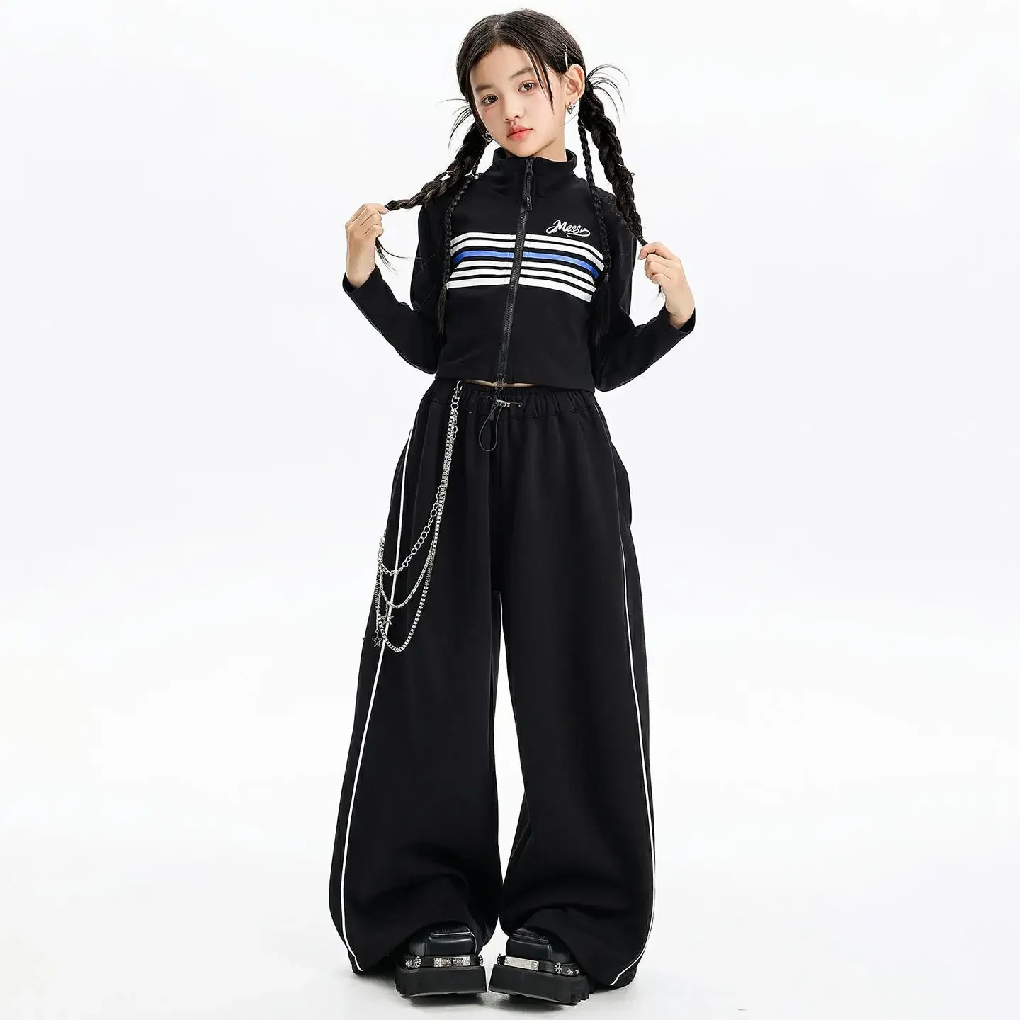 Ropa de Hip Hop Kpop para chico, camiseta corta a rayas negras con cremallera y cuello simulado, pantalones de chándal anchos informales para niña, ropa de traje de baile