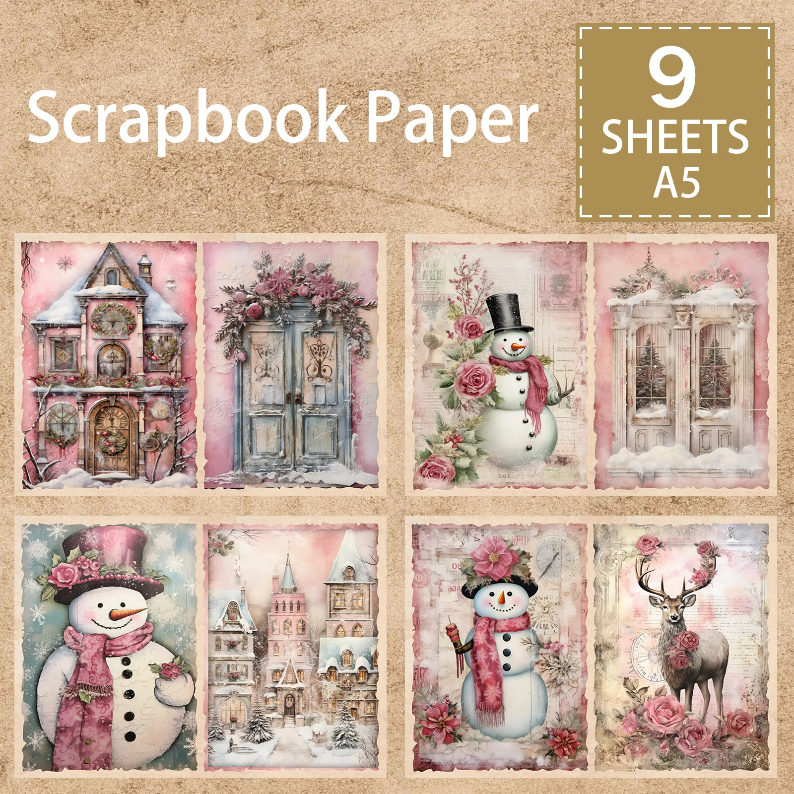 9 hojas tamaño A5 rosa Navidad muñeco de nieve Ángel fondo Vintage Grunge diario planificación Scrapbooking