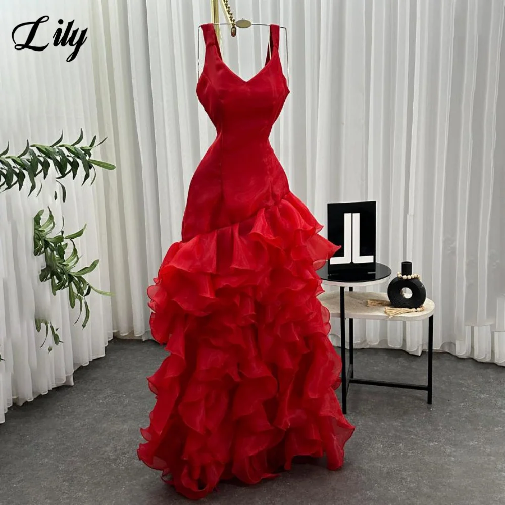 فستان حفلات بدون أكمام باللون الأحمر من الزنبق فستان سهرة من التل بدون أكمام فساتين حفلات على شكل بوق متدرج مع طيات للنساء حسب الطلب