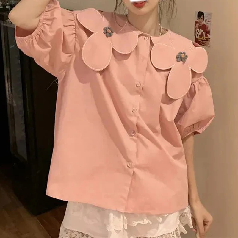 Women Stylish 3D Flower Peter Pan Collar Sweet Design Shirts 2024 Summer Pink Kawaii Short Sleeve Blouses Causal Loose Chic Tops