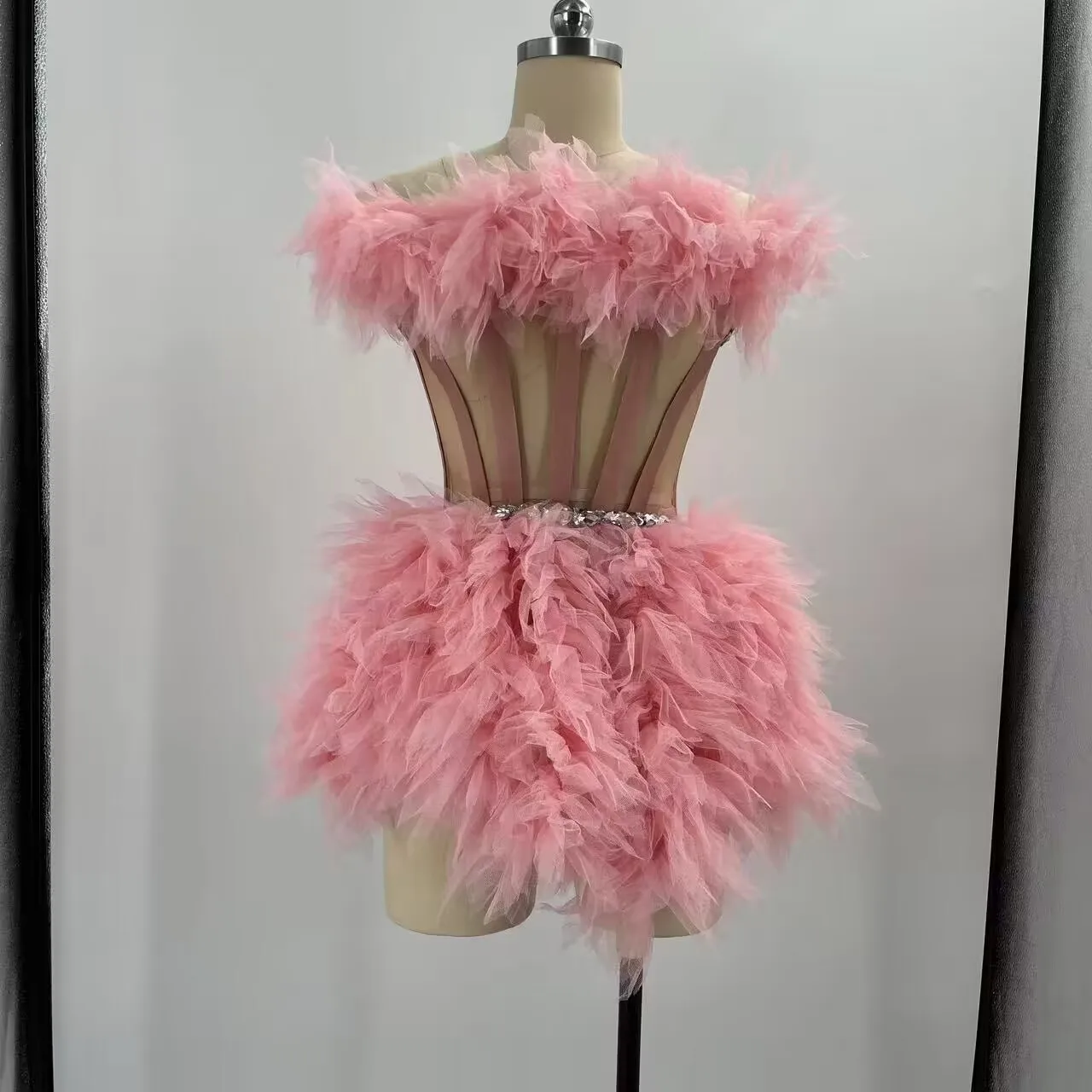 Sexy piuma rosa Tutu gonna donna Gogo ballerini abiti abito da sera Drag Queen Costumes Nightclub Bar Festival Dress DN12668