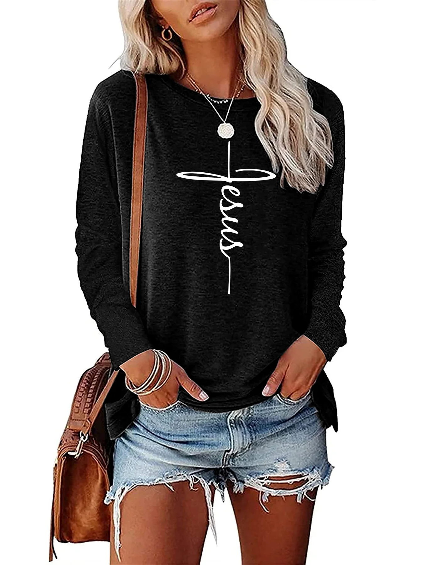Simple Jesus Cross Pattern Printed Women\'s Regular casual colored cotton long sleeved T-shirt