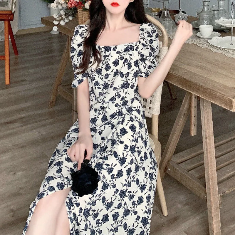 Summer Rose Floral Print Waist Robe Femme Temperament Fashion Chic Long Dress Women Elegant Aesthetic Casual Vestidos De Fiesta