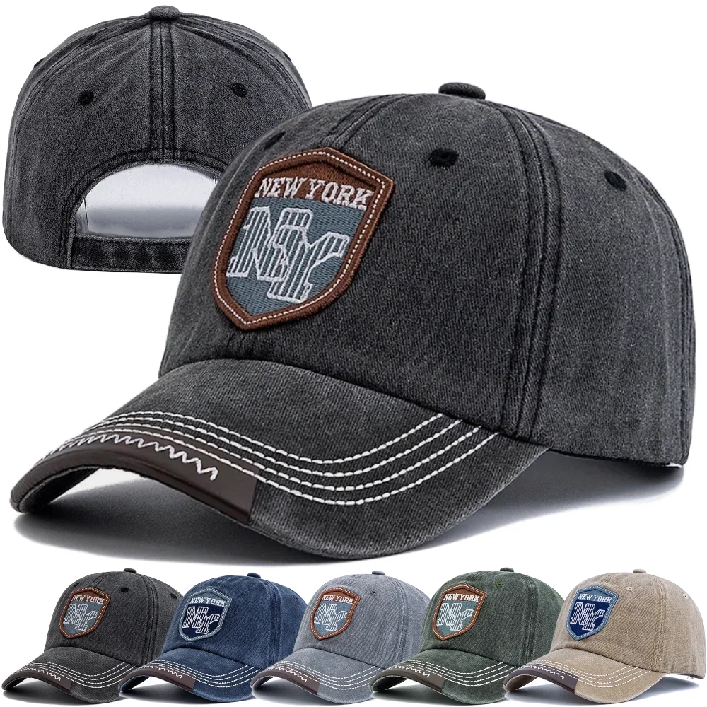 Neue Unisex Vintage Baseballkappe aus gewaschener Baumwolle mit NY-Patch, Retro New York bestickte Mützen für Herren und Damen, Outdoor Dad Hats