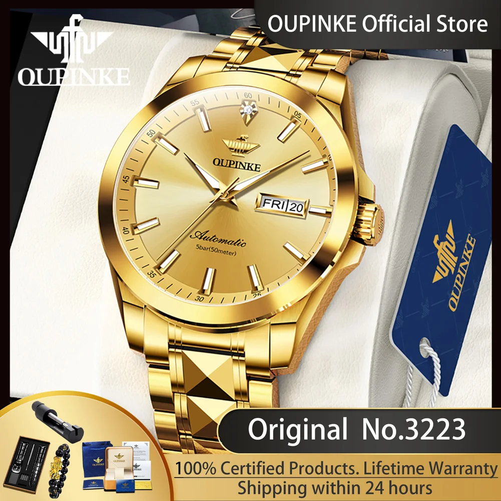 OUPINKE 3223 Real Diamond Automatic Watch for Men Sapphire Mirror Mechanical Wristwatch Luxury Top Brand Business Man Gold Watch