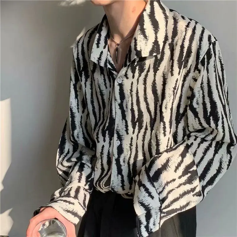 Spring Autumn New Fashion Handsome Trend Y2K Shirt Man Long Sleeve Lapel Zebra Print Male Blouse Loose All Match Casual Tops Men