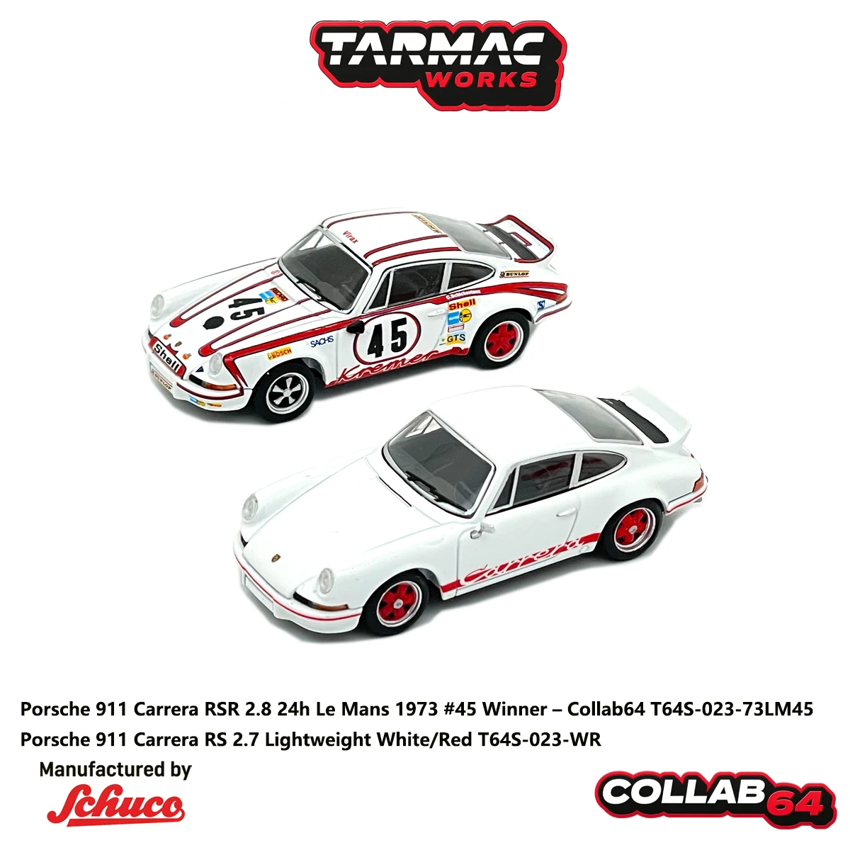 Tarmac Works 1:64 Porsche 911 Carrera RS 2.7 White Red / Carrera RSR 2.8 #45 1973 Le Mans Winner Diecast Model Car In Stock