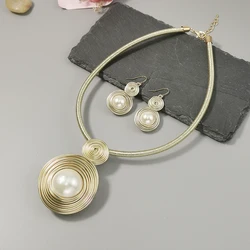 Luxury Imitation Pearl Jewelry Set Statement Alloy Pendant Necklace Earring Set Bridal Choker Fashion Wedding Accessory