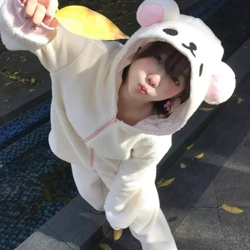 Rilakkuma Y2K Hoodie Pyjama Set Niedliche Japan Bär Nachtwäsche Mädchen Fleece Gefüttert Mit Kapuze Homewear Anzug Herbst Winter Loungewear Neu