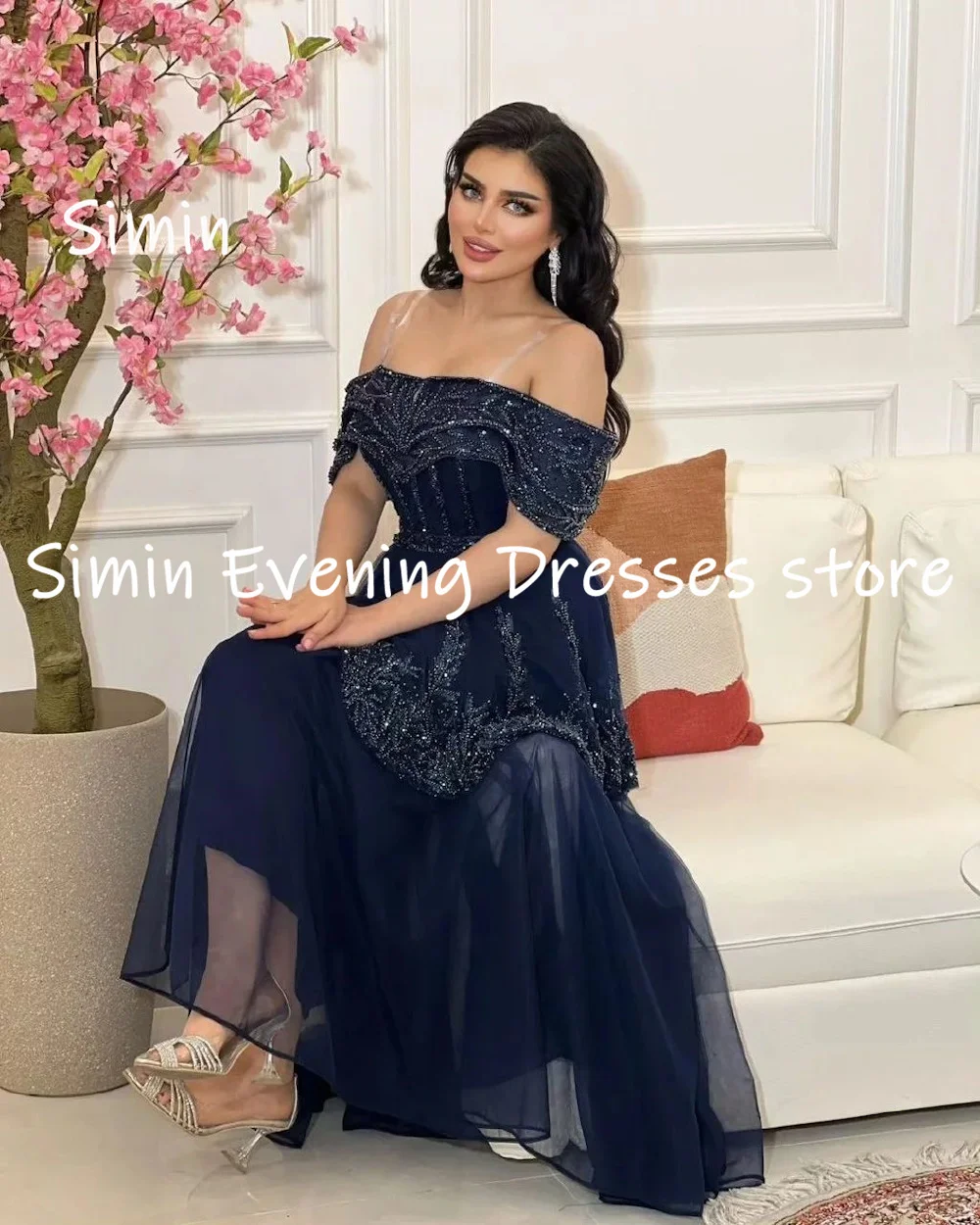 Simin Chiffon A-line Off-the-shoulder Neckline Sequins Prom Gown Ankle-length Evening Elegant Party dresses for women 2023