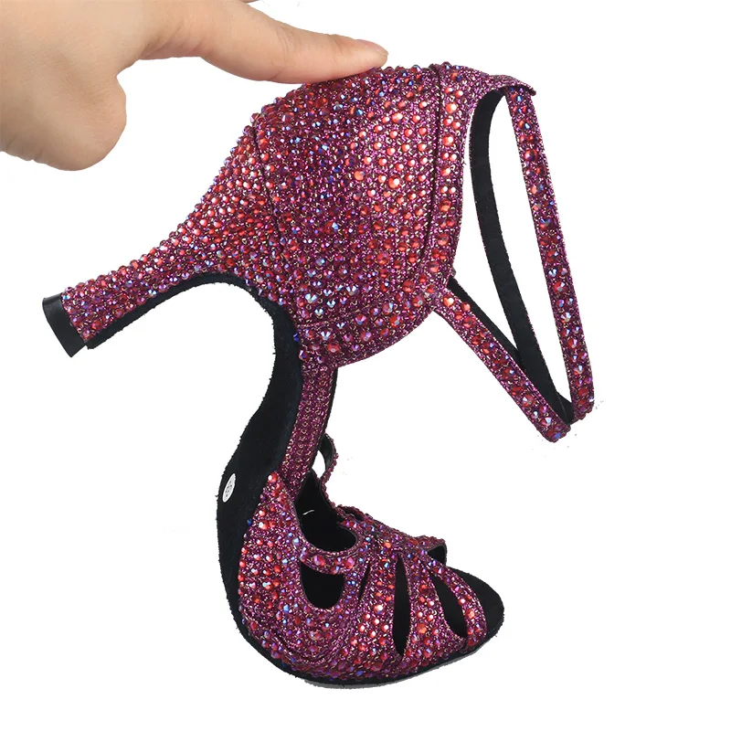 Wedopus Ladies Sparkling Glitter Purple Dancing Latin Sandal Rhinestone High Heel Customized 9CM Shoes for Dance