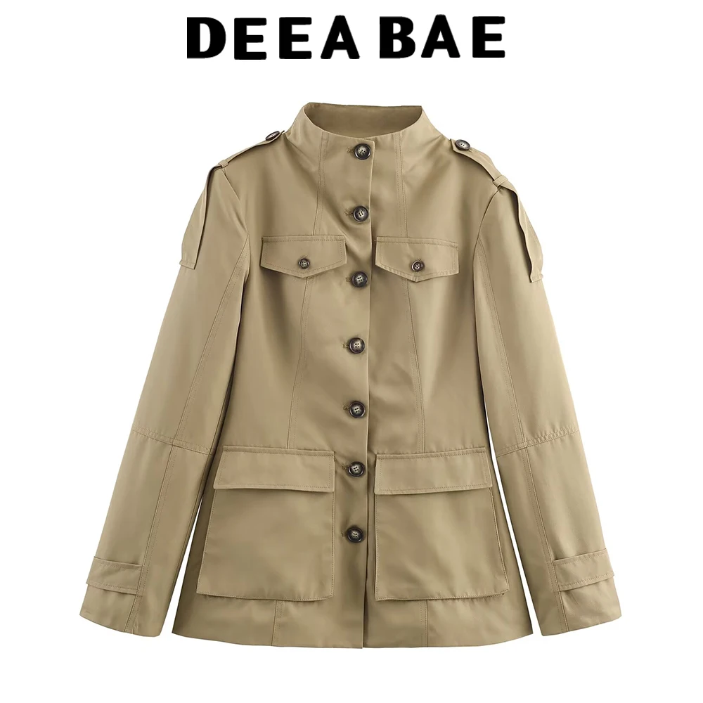 

DEEABAE корейская рабочая одежда цвета хаки с воротником-стойкой, короткая куртка, женская осенняя облегающая куртка в стиле ретро и утягивающий топ на пуговицах
