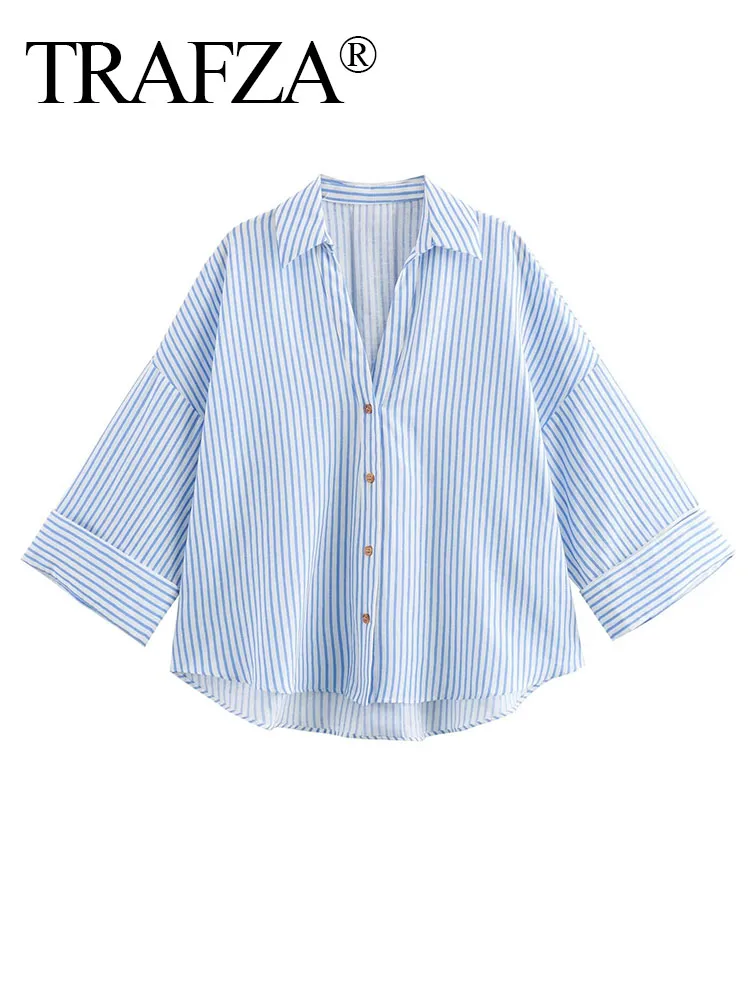 TRAFZA-Camisa de manga larga con solapa para Mujer, Top a rayas azules, blusa Vintage decorada con un solo pecho, moda de verano