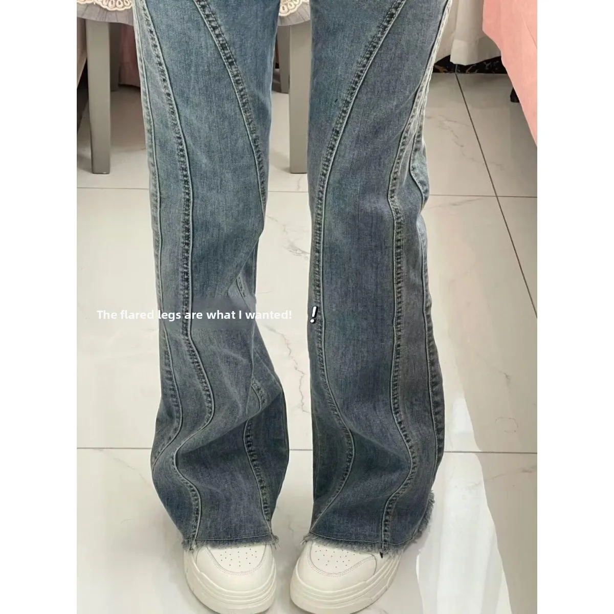 

Ретро джинсы с высокой талией, облегающие, женские, весна-осень, новинка, асимметричный подол, широкие штанины, в корейском стиле, трендовые