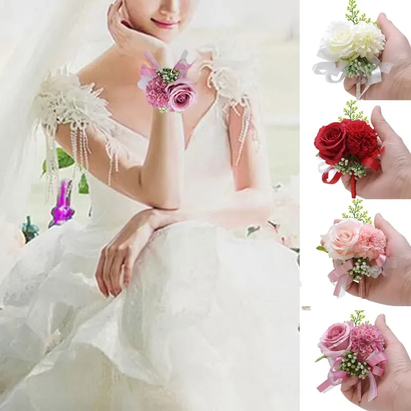 Wrist Flowers Bride Bridemaid Pearls Silk Ribbon Party Wedding Decoration On The Wrist Corsages Artificial Roses Flower