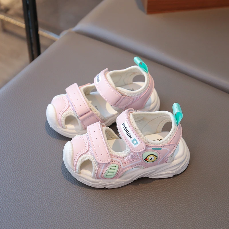 Children Toddler Sandals with Hook and Loop Closure Cartoon Embroidery Breathable Mesh Summer Kids Footwear for Outdoor Shoes
