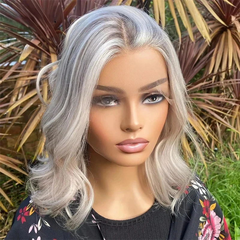 Perruque Lace Front Wig Synthétique Courte Ondulée pour Femme, Ombre, Gris, Blond, Pré-épilée, Ligne de Cheveux Réaliste, Aspect Naturel, Bob