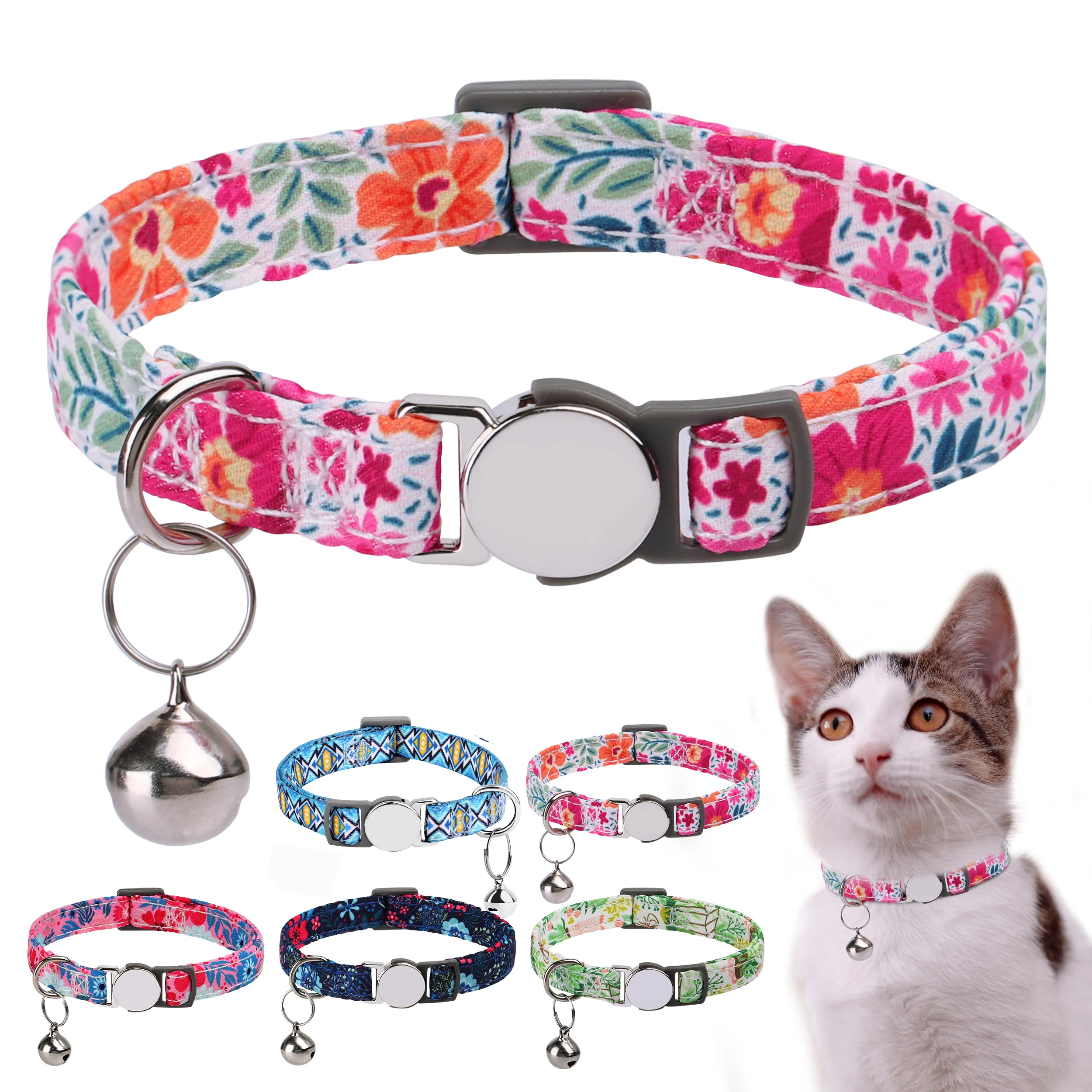 Cute Printed Cat Collar Adjustable Kitten Puppy Collars With Bell Anti-lost Cats Collars Necklace Cat Accessories