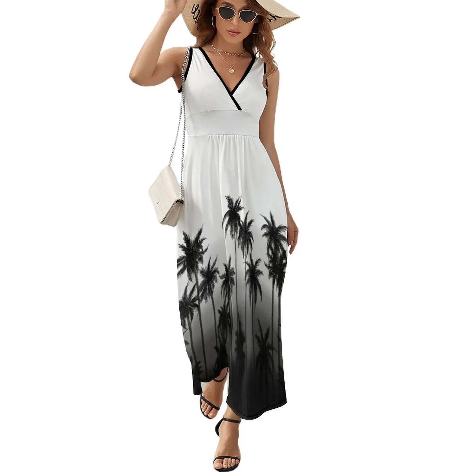 

Black and White Palm Tree Sleeveless Dress loose summer dress Woman clothes dress summer 2024 women