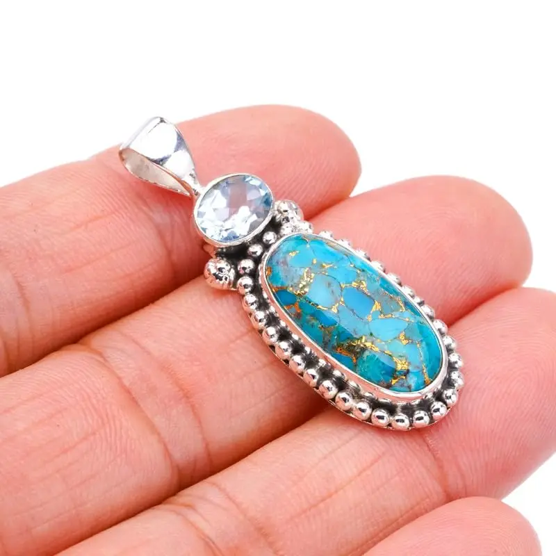 

StarGems® Natural Copper Turquoise Blue Topaz Handmade 925 Sterling Silver Pendant 1.5" F3862