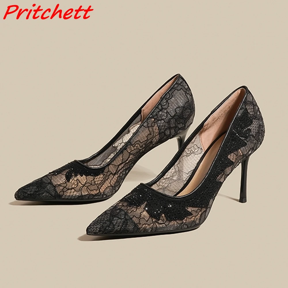 

Flower Holow Air Mesh Women Pumps Pointed Toe Sexy Stiletto Heels Slip On Shoes Summer Party Wedding New Arrivals Modern Pumps