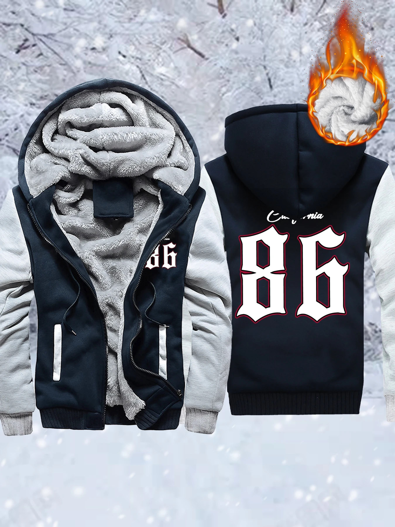 

California Number 86 Print Men Thicken Jacket Fleece All-Match Streetwear Winter Casual Coats Loose Camouflage Zipper Hoodies