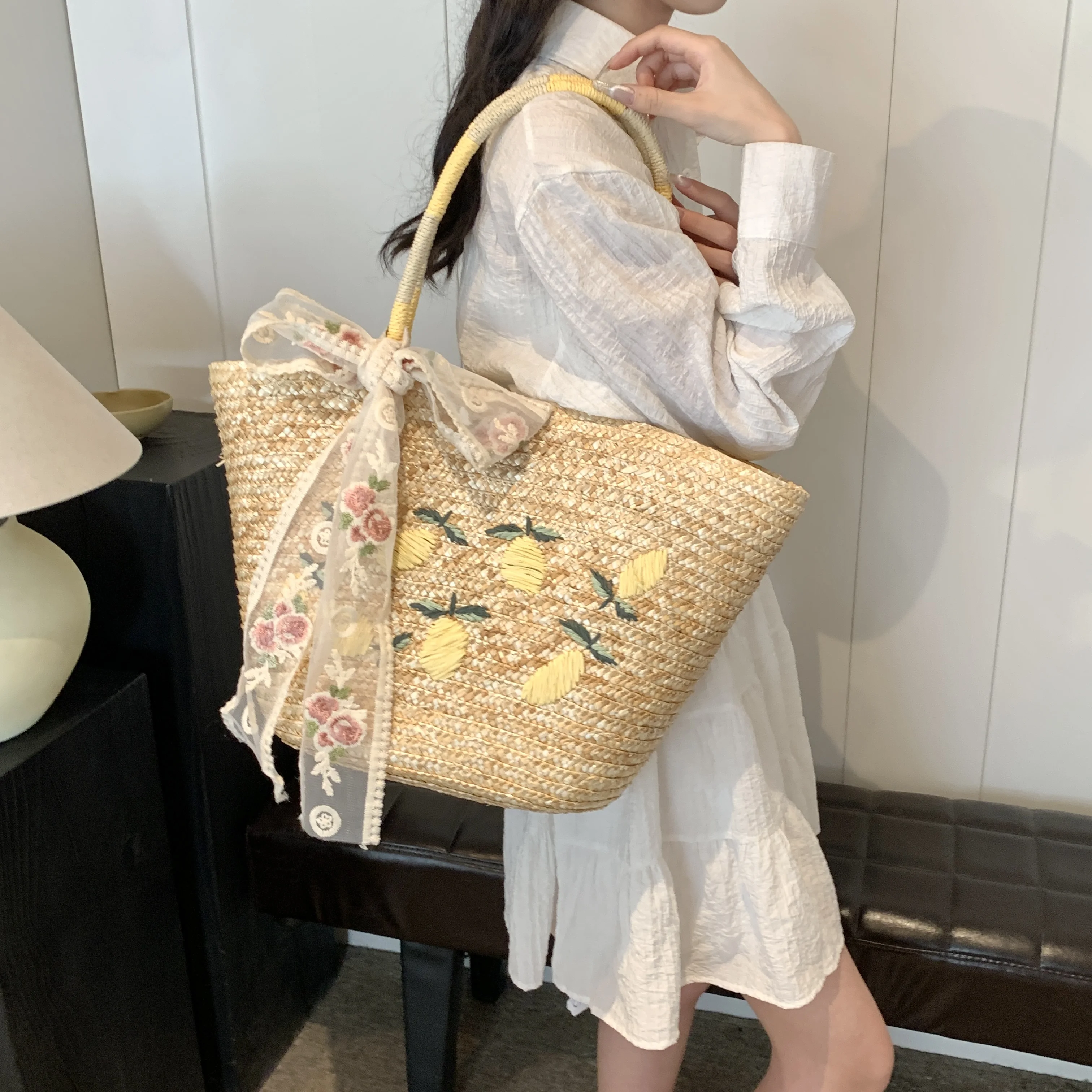 Summer Large Straw Bags for Women Handmade Beach Bags 2024 Korean Fashion Ribbon Woven Handbags Travel Shopper Shoulder Bags