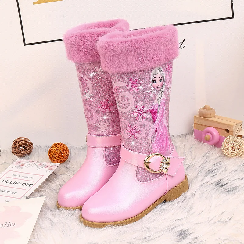 Disney Girls Boots Autumn High-tube Plus Velvet Elsa Princess Children's High-heeled Boots Frozen Blue Warm Shoes Size 25-36