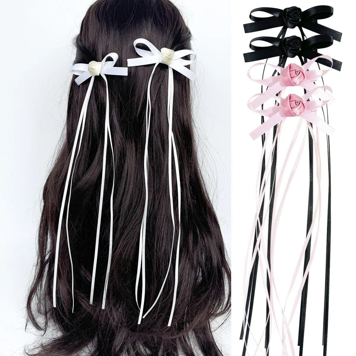 

36pc/lot Solid Color Long Tassel Bow Hairpins Sweet Korean Style Rosette Flower Ribbon Bow Baby Hair Accessories Shark Clip Bulk