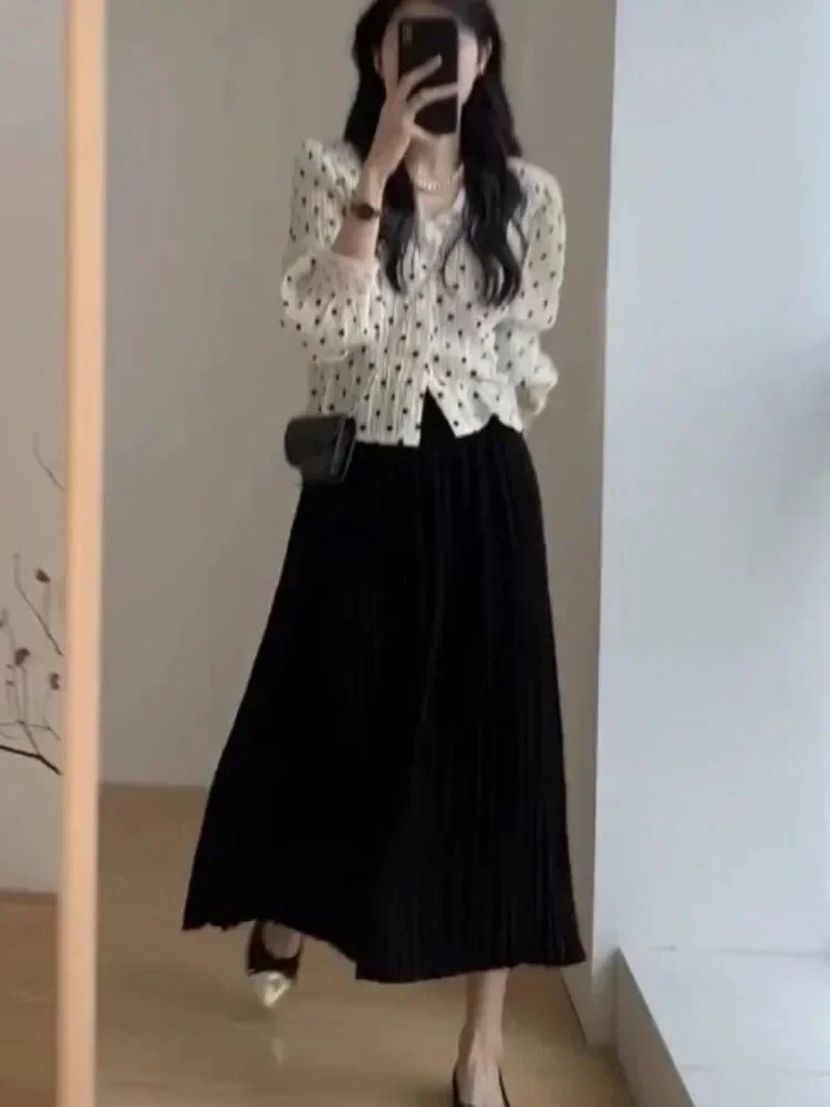 

Корейские комплекты юбок, винтажный костюм из двух предметов, женская одежда, лоскутная кружевная рубашка в горошек, юбки с длинными рукавами и высокой талией, наряды
