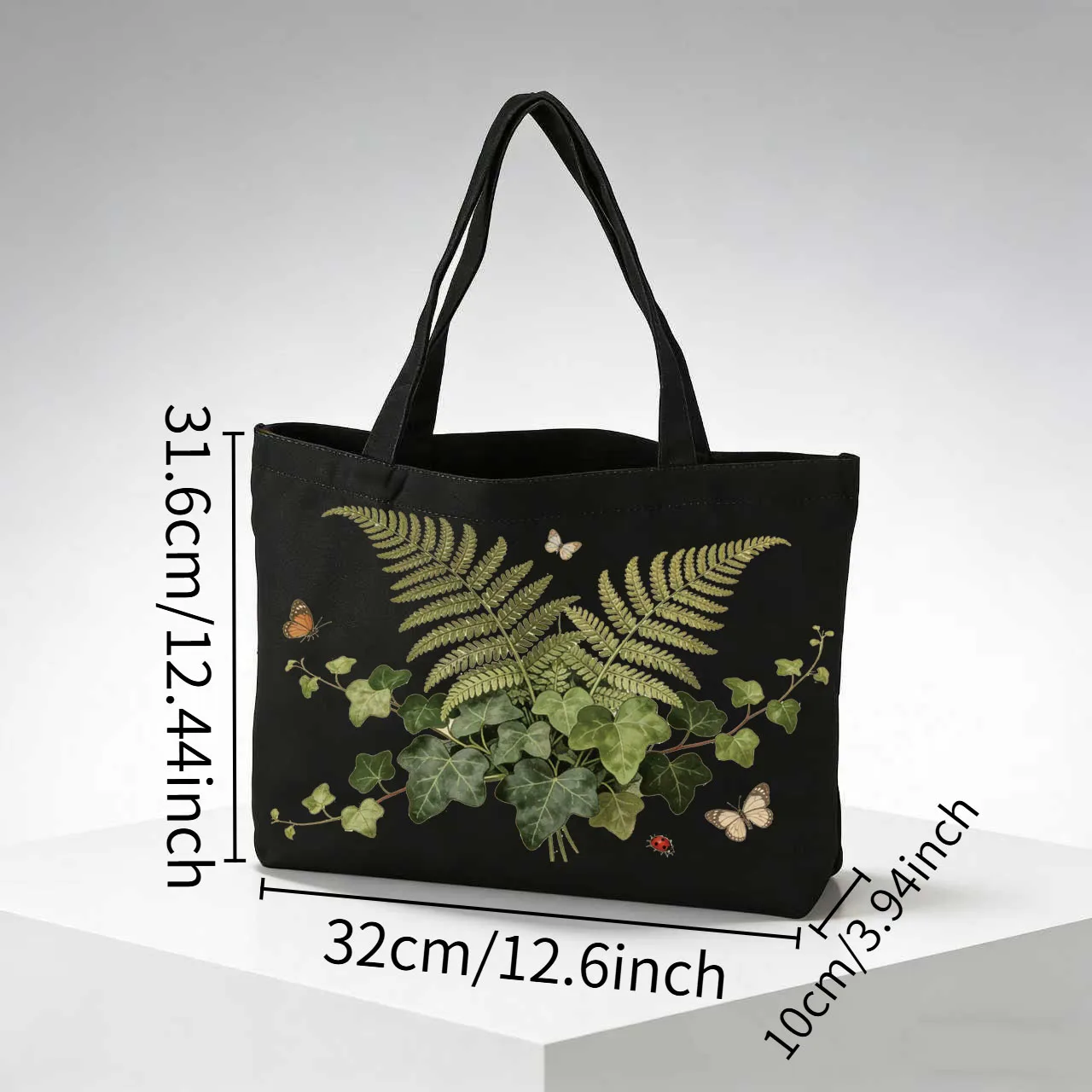 1pc Plant-themed Canvas Bag Black Single-shoulder Canvas Bag Large-capacity Tote Daily Storage Bag