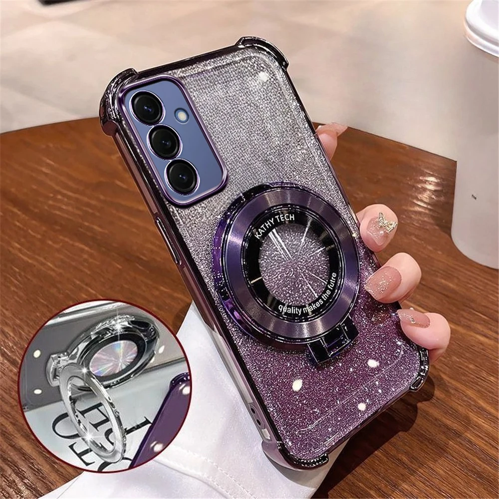 Luxury Plating Glitter Stand Phone Case For Samsung S26 S25 S24 S23 S22 S21 Plus FE Ultra Edge Shockproof Four Coner Soft Cover