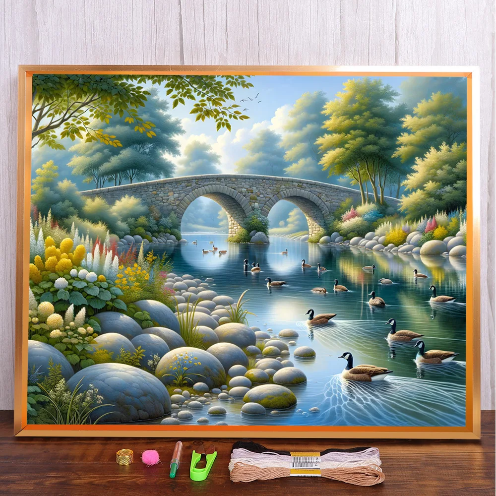 Scenery Duck In River Printed Fabric Cross Stitch Kit DIY Embroidery Handiwork Painting Needlework Sewing Stamped Gift Counted