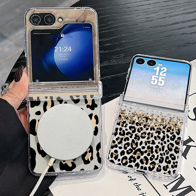 Leopard Print Pattern Magnetic Phone Case For Samsung Galaxy Z Flip 8 7 FE 6 5 4 For Magsafe Wireless Charging Clear Hard Cover