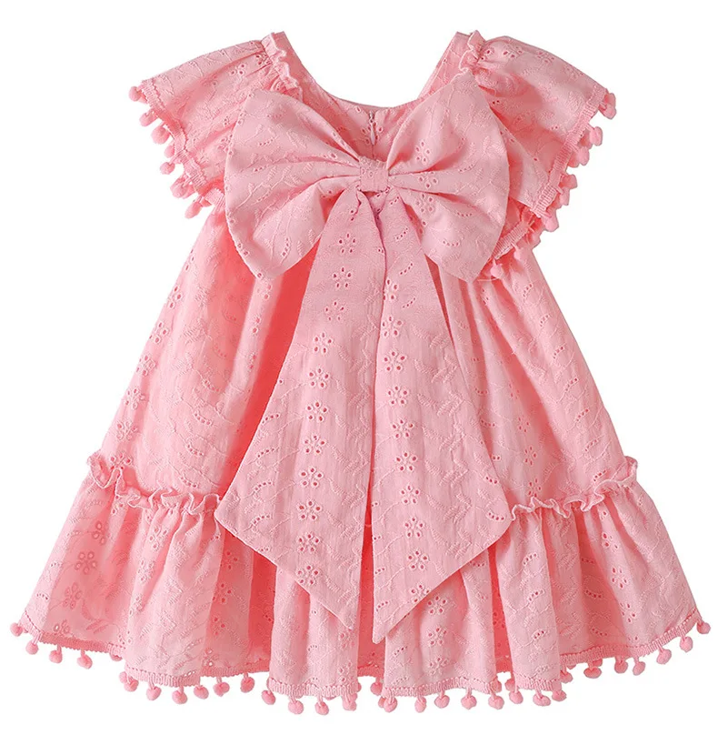 Toddler child's pure cotton tassel little fly sleeve baby skirt big bow baby girl costume 0-4 years old birthday party dress