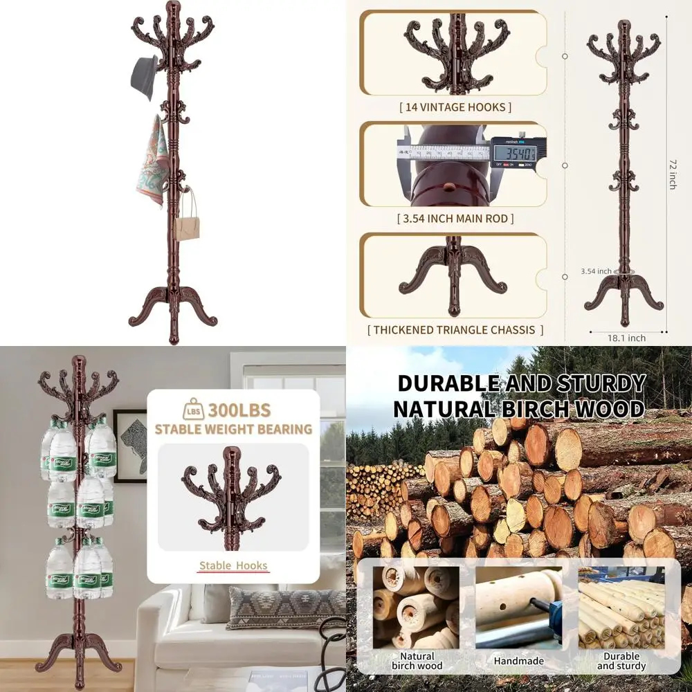 

Classic Wooden Coat Rack Stand with 14 Hooks, Freestanding Vintage Style, Sturdy Triangle Base
