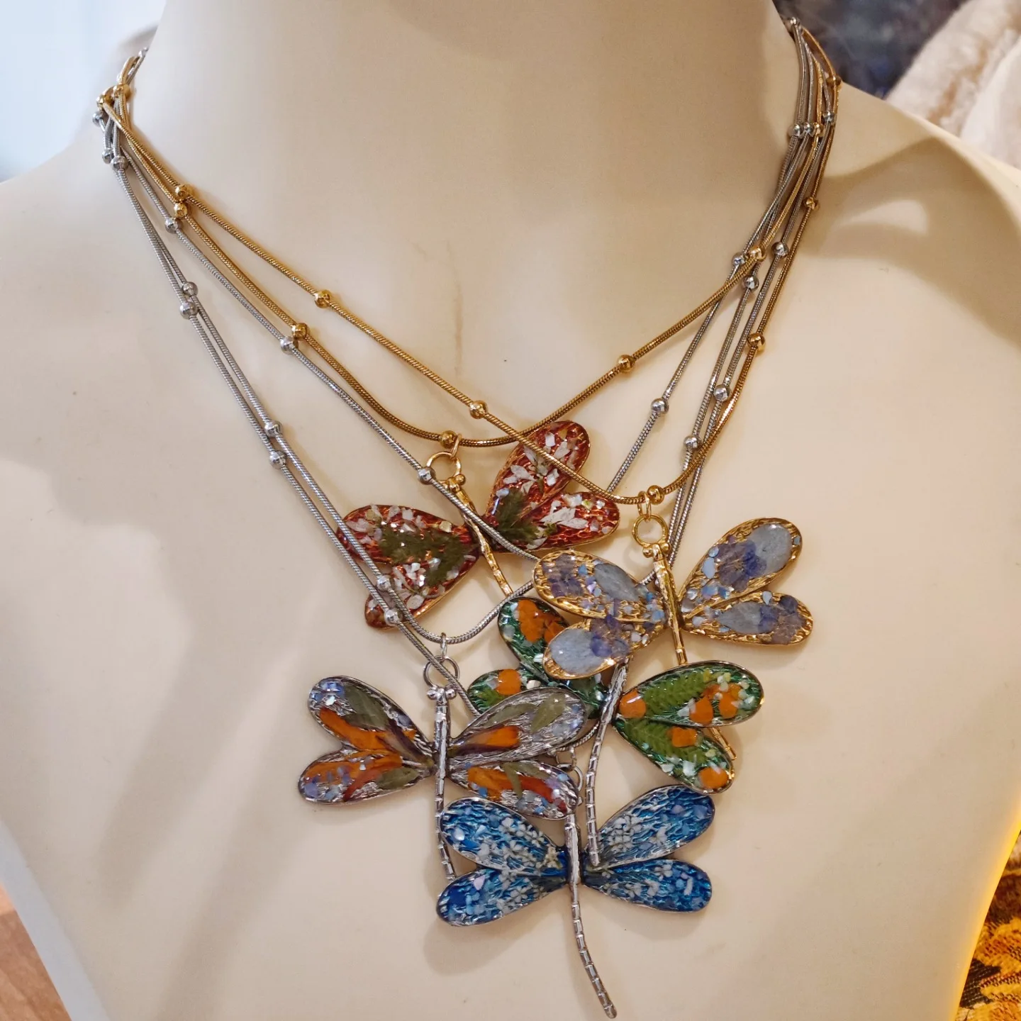 3308 Wholesale Handmade Real Flower Dragonfly Pendant Stainless Steel Necklace Original Collarbone Chain Christmas Birthday Gift
