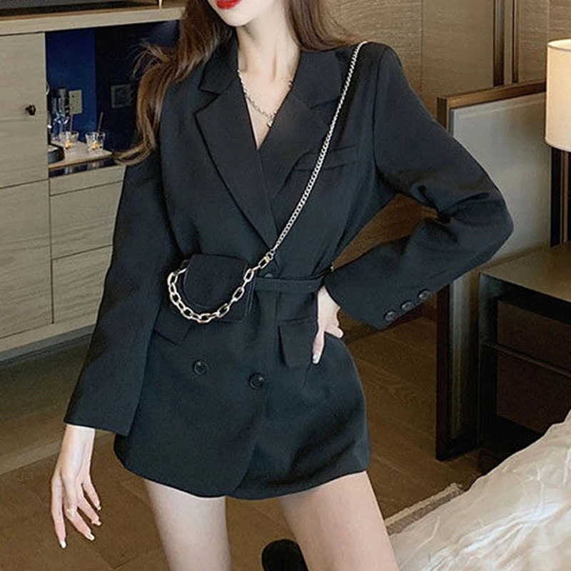 

Autumn Korean Fashion Design Suit Jackets Women Elegant V Neck Loose Lady Blazer with Belt Office Style Black Clothes New