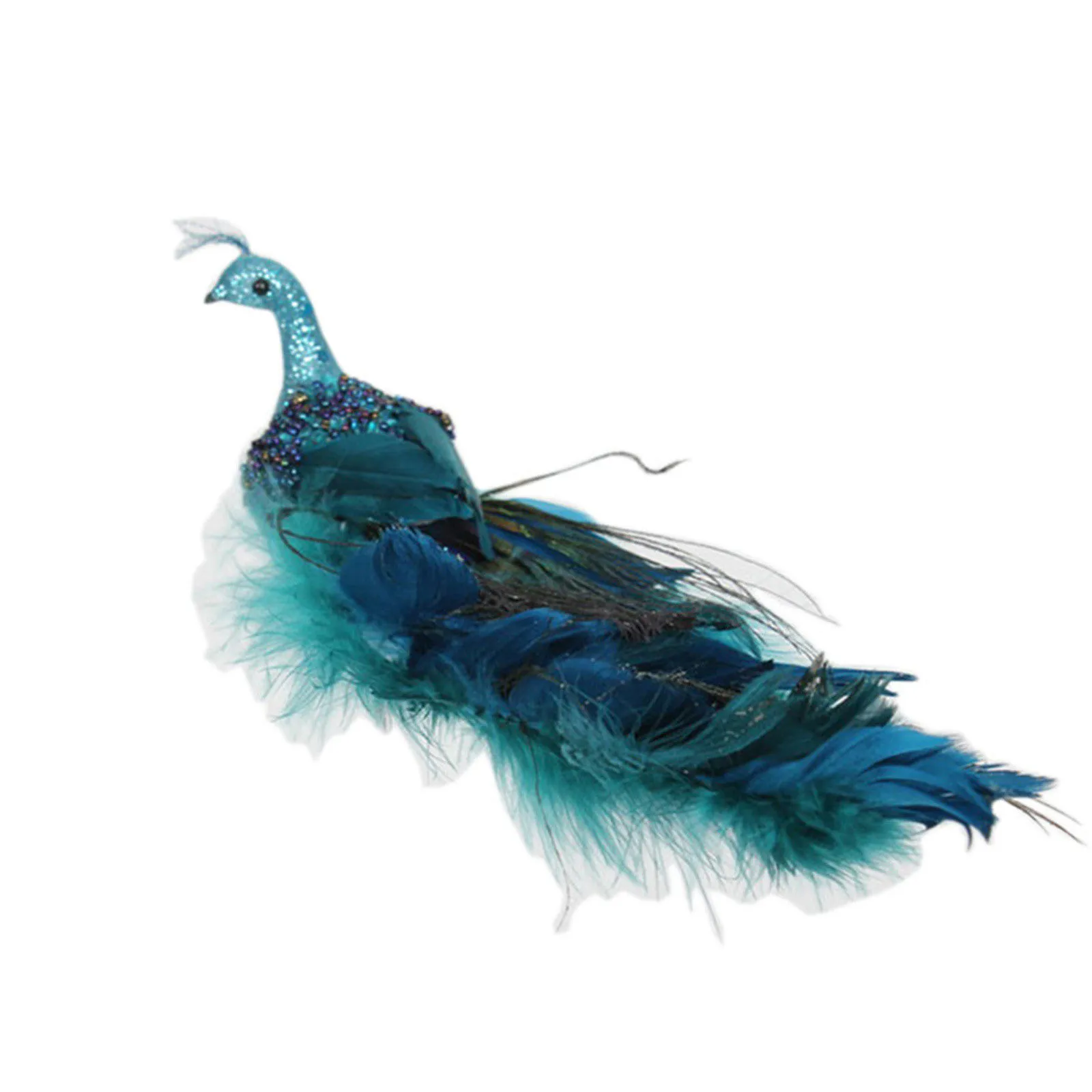 Christmas Decoration Faux Peacock Ornament Glitter Blue Peacock Ornaments With Tail Feather Clip-On Decor Set For Christmas Tree