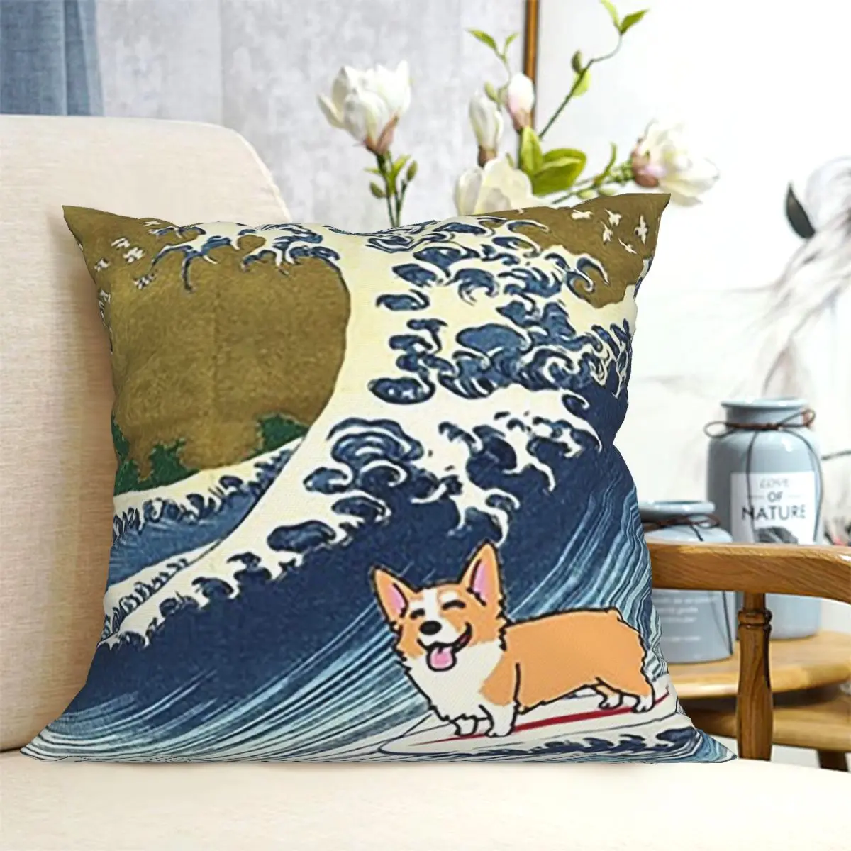 Corgi Dog Surfing The Great Wave Square Pillowcase Cushion Cover Pillow Case Throw Pillow Cover for Home Sofa Living Room