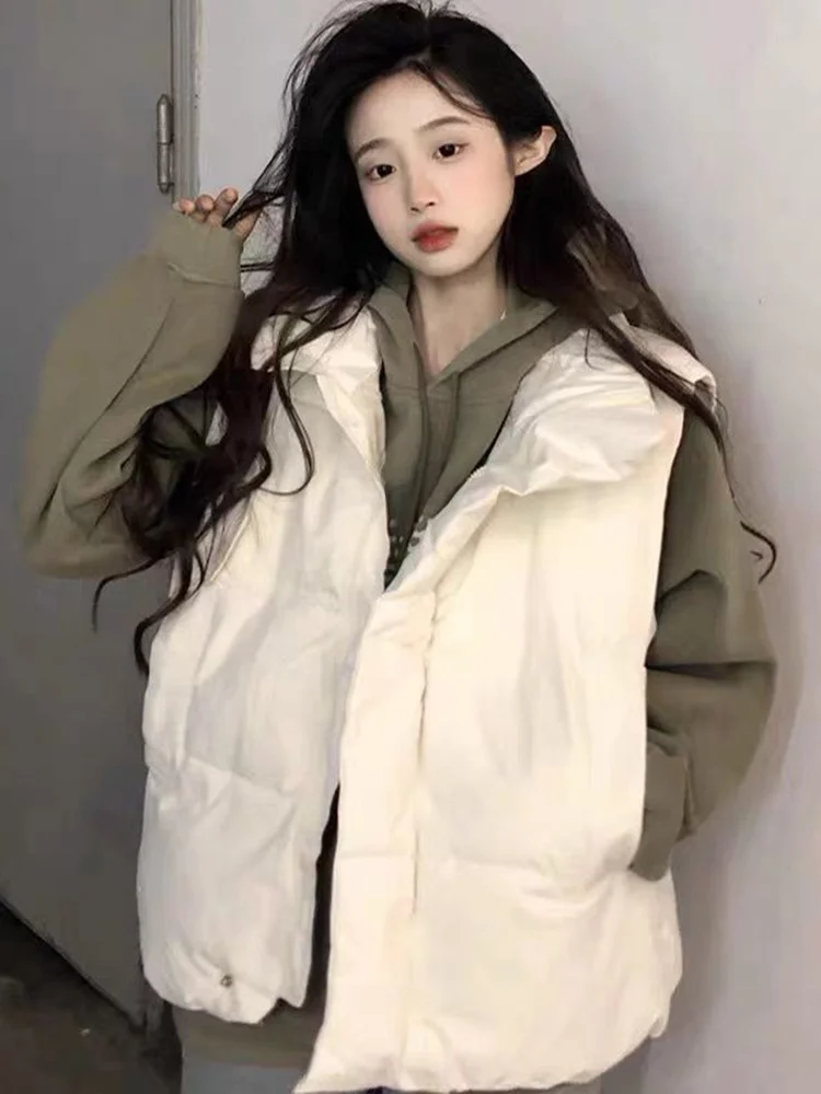 

White Cotton down Vest Women's Winter New Loose Versatile College oulder Pad Vest Jaet Outerwear Sweet Sle Zipper ket