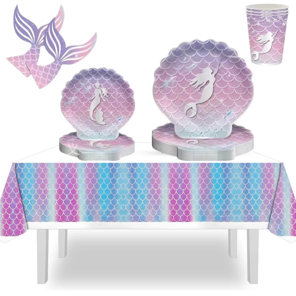 Mermaid Party Tableware Iridescent Mermaid Seashell Paper Plates Napkins Cups Birthday Children Party Wedding Shower Engagement