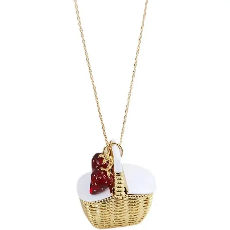 Cute Enamel Strawberry Woven Basket Pendant Necklace Jewelry Locket Brass Vintage Can Hold Small Surprises Objects