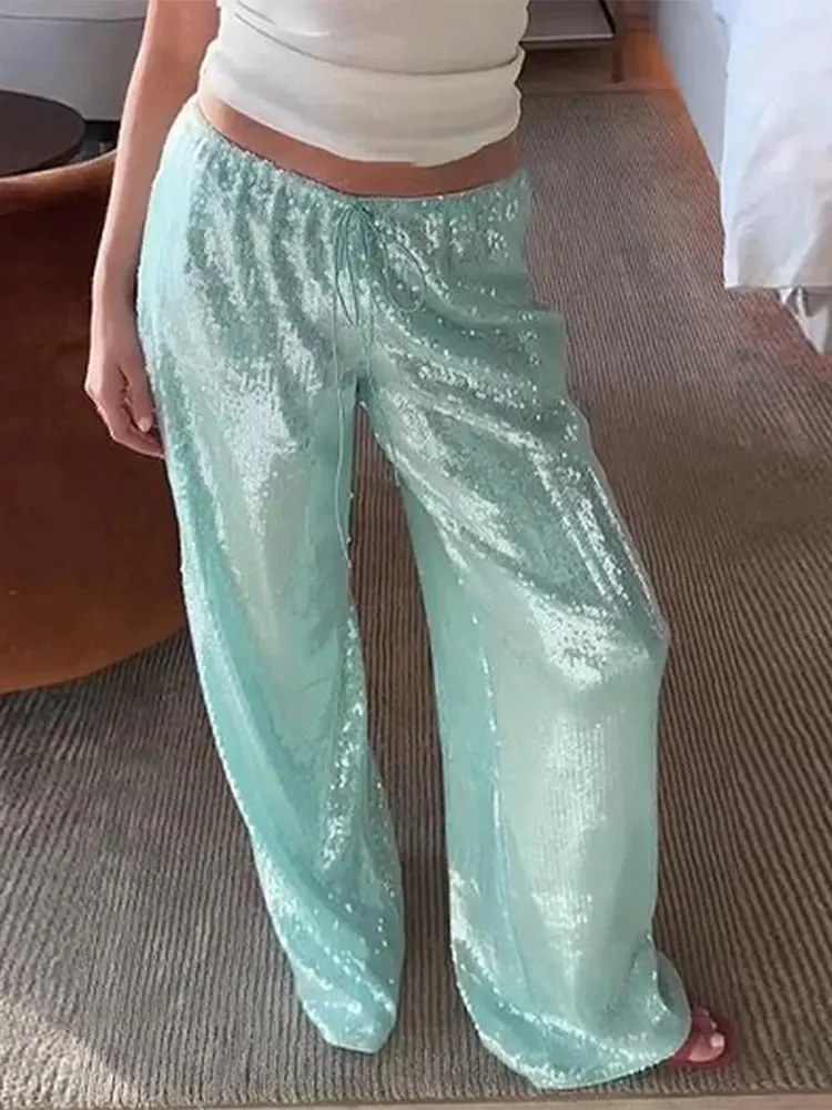 

Casual Sequin Pants Women Loose Elastic Waist Wide Legs Trousers Female 2025 Spring Summer Fashion Chic Solid Streetwears Lady